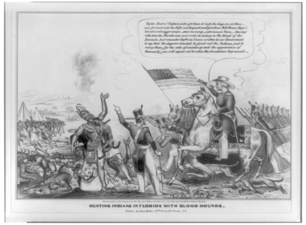 Schwarzes und weißes Foto einer Gruppe von Menschen, einige zu Pferde, mit einer Flagge im Hintergrund und Text unten mit der Aufschrift "Jagen von Indianern in Florida mit Bluthunden"