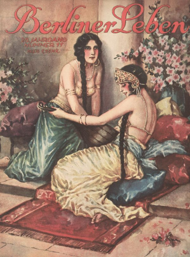 Ein Plakat von zwei Frauen, die auf einem Bett umgeben von Kissen und Pflanzen mit Blumen sitzen, mit dem Text "Berliner Leben Magazin-Cover von Oktober 1931" oben.