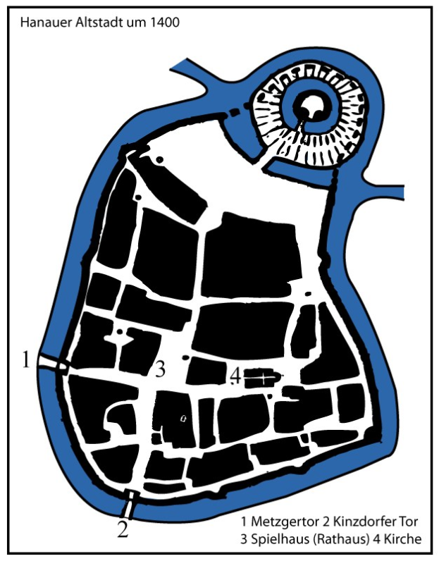 Ein Plakatplan von Hanau, Deutschland, in Blau und Weiß, der detaillierte Straßen, Text und nummerierte Orte zeigt.