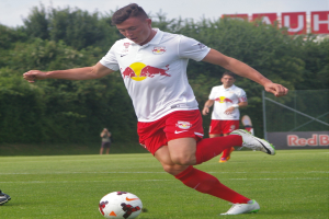 Ein Mann in einem Fußballtrikot kickt einen Ball auf einem grünen Feld mit Bäumen und einem klaren blauen Himmel im Hintergrund, mit einem "RB Leipzig"-Schild im Sichtbereich.