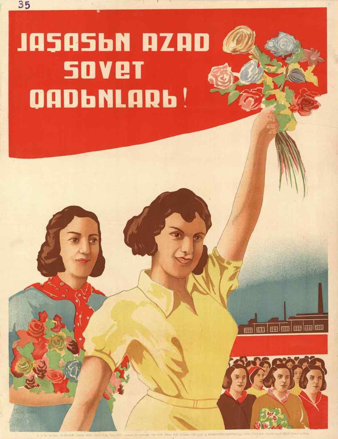 Sowjetisches Propagandaplakat zum Internationalen Frauentag, das eine Frau mit einem Blumenstrauß in der Hand zeigt, umgeben von einer Menge und einem Gebäude, mit der Aufschrift "Frauentag".