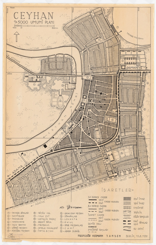 Detailiertes altes Stadtplan von Ceyhan, Türkei, mit Straßen, Gebäuden und Sehenswürdigkeiten sowie zusätzlichem Text über die Stadt.