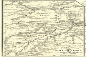 Ein altes Kartenbild des Rheins in Deutschland, das Flüsse, Städte und Gewässer zeigt, mit beschreibendem Text oben und unten.