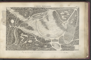 Ein abgenutztes Buch mit einer detaillierten Parkkarte auf dem Cover, die Bäume, Sträucher und andere Vegetation sowie Text über den Park und seine Umgebung zeigt.