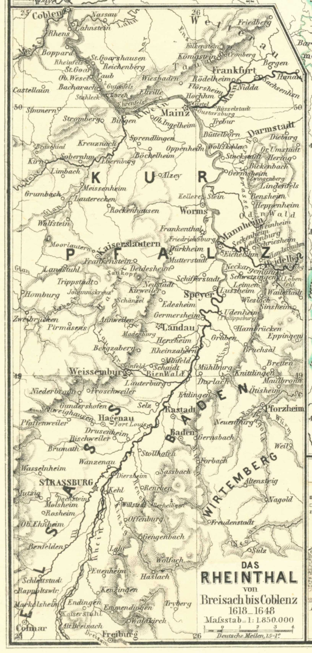 Ein altes Kartenbild des Rheins in Deutschland, das Flüsse, Städte und Gewässer zeigt, mit beschreibendem Text oben und unten.