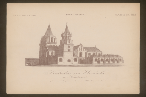 Ein altes Buch mit einer detaillierten Zeichnung einer Kirche mit hohen Türmen und kunstvoller Architektur, begleitet von Text, der ihre Geschichte und Bedeutung beschreibt.