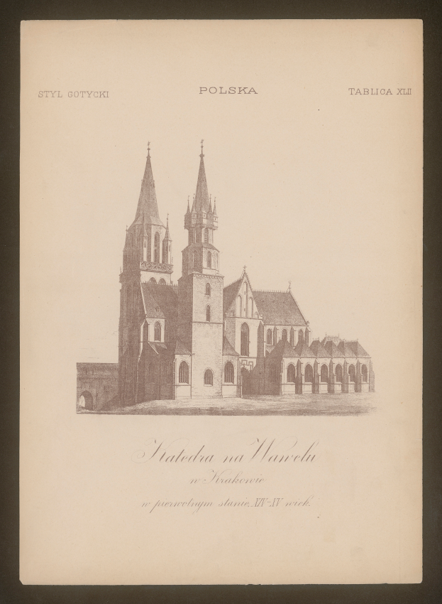 Ein altes Buch mit einer detaillierten Zeichnung einer Kirche mit hohen Türmen und kunstvoller Architektur, begleitet von Text, der ihre Geschichte und Bedeutung beschreibt.