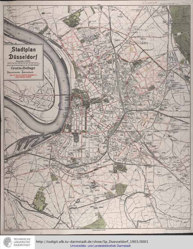 Ein detaillierter alter Stadtplan von Düsseldorf, Deutschland, der Straßen, Gebäude und Sehenswürdigkeiten zeigt, mit Texten, die zusätzliche Stadtinformationen bereitstellen.