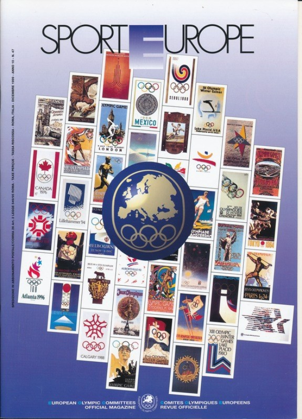 Ein Buchumschlag mit dem Titel "Sporting Europe", der farbenfrohe Bilder und Texte zu den Olympischen Spielen in Europa zeigt.