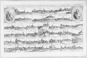 Eine Schwarz-Weiß-Zeichnung der Stadt Köln, Deutschland, umgeben von kleineren Bildern und Texten, die die Geschichte der Stadt darlegen.