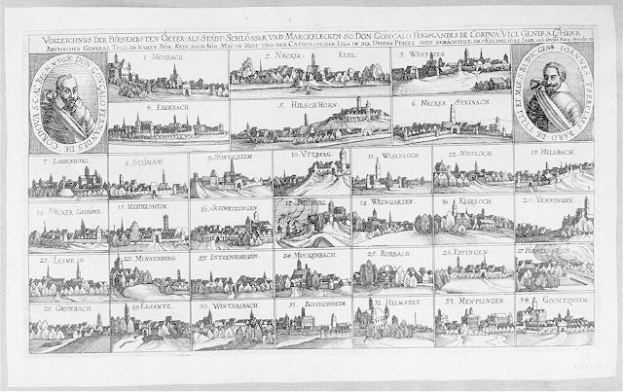Eine Schwarz-Weiß-Zeichnung der Stadt Köln, Deutschland, umgeben von kleineren Bildern und Texten, die die Geschichte der Stadt darlegen.