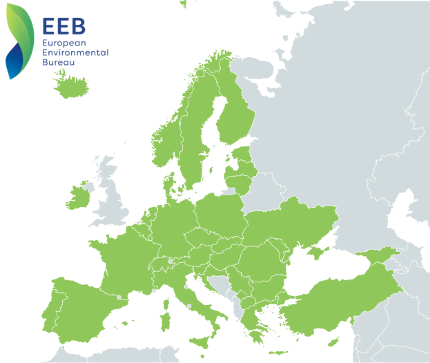 Eine Europakarte mit dem Logo des European Environmental Bureau in der linken oberen Ecke, die in verschiedenen Grüntönen schattiert ist, um EU-Regionen anzuzeigen.