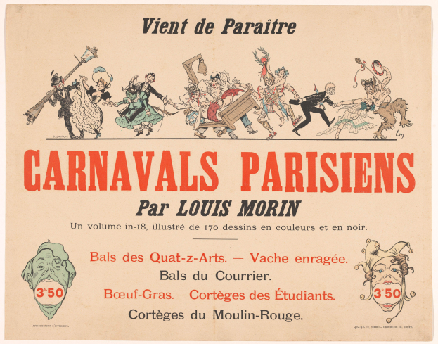 Ein Blatt mit der Überschrift "Carnivals Parisiens par Louis Morin" in fetter Schrift, das farbenfrohe, detaillierte Entwürfe von Menschen in bunten Kostümen und Masken bei einer lebhaften Karnevalsszene zeigt.