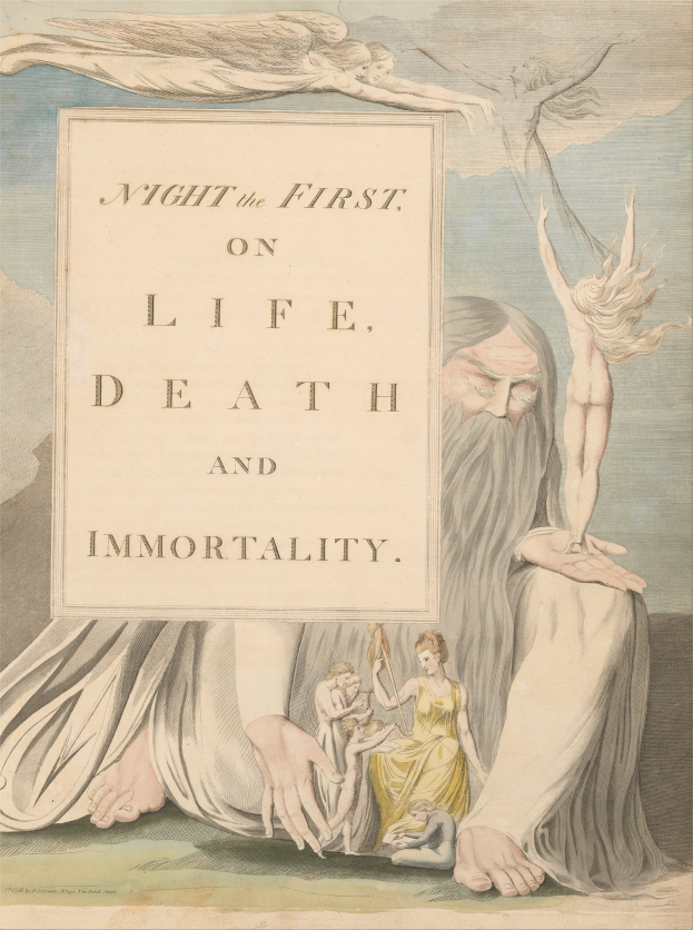 Plakat mit einer leuchtenden Painting von Menschen in einem Kreis unter hellem Licht, mit fettem Text: "Night the First on Life, Death and Immortality."