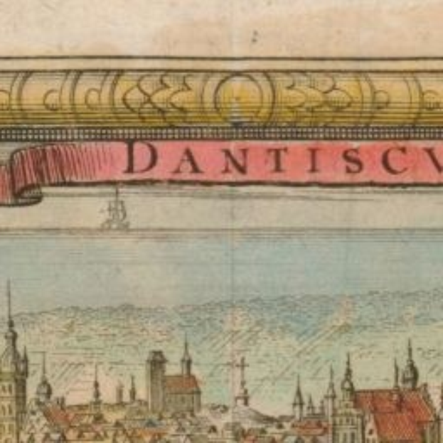 Altes Buch mit einer Illustration einer Stadtansicht, einschließlich Geb├Ąuden und einem Banner mit beschreibendem Text.