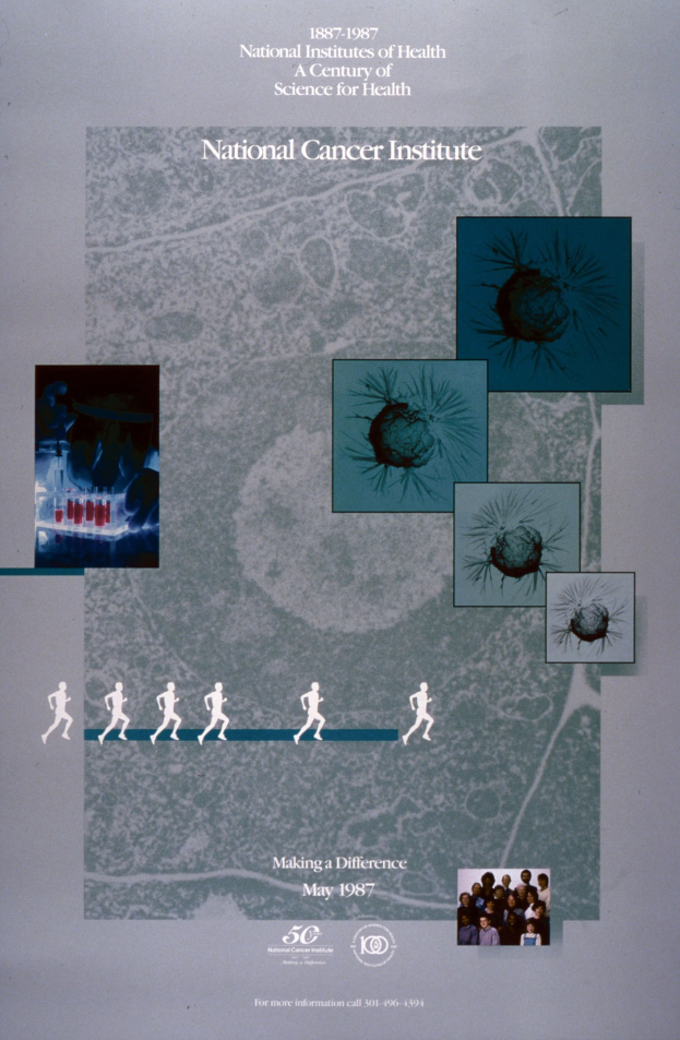 Buntes Plakat für das National Cancer Institute mit blauem Hintergrund und weißer Schrift, das einen Kreis aus überlappenden Bildern von lächelnden Menschen verschiedenen Alters, Geschlechts und Ethnien zeigt, die den fetten, großgeschriebenen Titel "National Cancer Institute" umgeben.