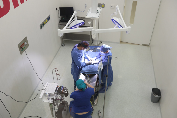 Eine Gruppe von Chirurgen führt einen chirurgischen Eingriff in einem Operationssaal durch, wobei eine Person auf einem Operationstisch liegt und von medizinischer Ausrüstung umgeben ist. Auf der linken Seite des Bildes befindet sich eine Wand mit Text darauf und auf der rechten Seite ein Objekt auf dem Boden. Im Hintergrund befinden sich verschiedene medizinische Geräte.