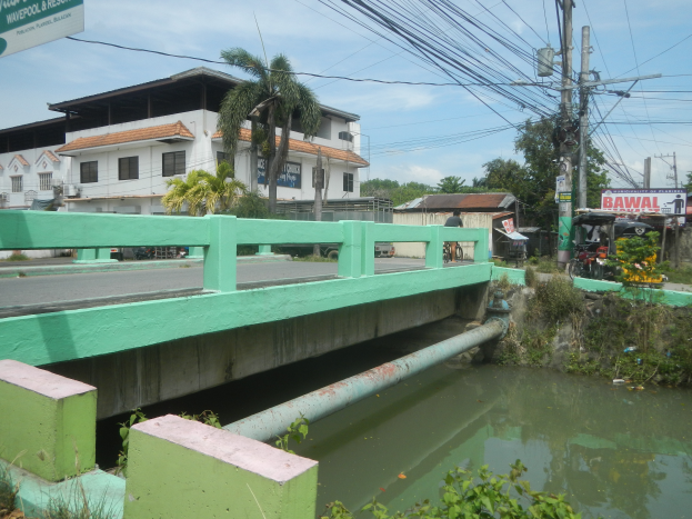 Eine grüne Brücke mit Geländer überspannt einen kleinen Bach in einer Stadt, umgeben von Pflanzen und Wasser, mit Strommasten, Fahrzeugen, Gebäuden und Bäumen im Hintergrund unter einem bewölkten Himmel.