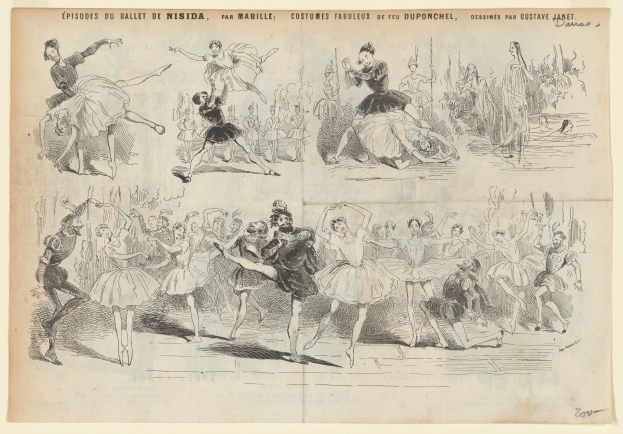 Ein Bild aus einem Buch mit einer Zeichnung einer Gruppe von Menschen in lebendigen, energischen Posen mit begleitendem Text, der die Einzelheiten des Ereignisses beschreibt.