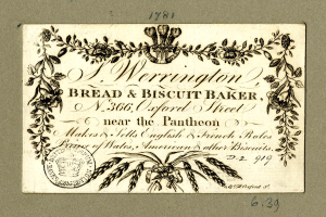 Eine alte Visitenkarte mit einer Zeichnung eines Bäckers und einem Text, der eine Brot- und Gebäckbäckerei beschreibt.