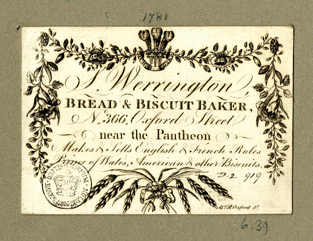 Eine alte Visitenkarte mit einer Zeichnung eines Bäckers und einem Text, der eine Brot- und Gebäckbäckerei beschreibt.