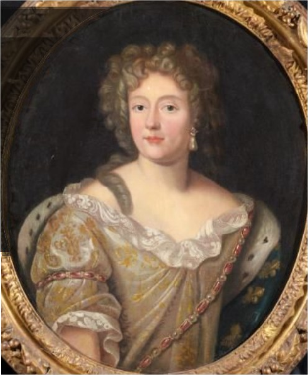 Gemälde einer Frau in einem goldenen Kleid mit detaillierten Verzierungen, einer Krone und einem klassischen Dutt, die angeblich Königin Victoria ist, vor einem weißen Hintergrund, mit feinen Gesichtszügen und einem würdevollen Ausdruck.