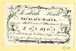 Ein altes Visitenkarte mit einem Foto eines Halskettenschmiedes und Text, der seine Dienstleistungen beschreibt.