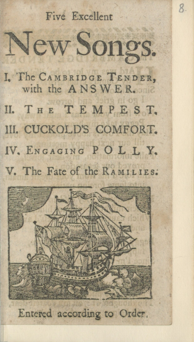 Altes Buchcover mit einer Schiffillustration und dem Titel "Fünf ausgezeichnete neue Lieder" mit einem blauen Himmel und Wolken im Hintergrund.