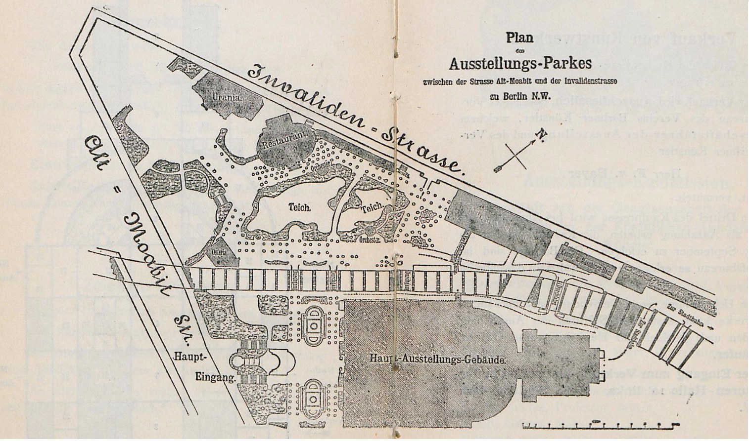 Alte Karte von Berlin, Deutschland, zentriert auf einem Plan des Ausstellungs-Parkes, gedruckt auf Papier mit Text, der die Stadtplanung beschreibt.