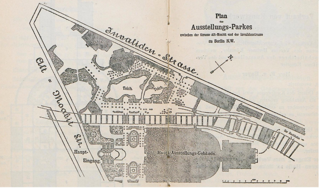 Alte Karte von Berlin, Deutschland, zentriert auf einem Plan des Ausstellungs-Parkes, gedruckt auf Papier mit Text, der die Stadtplanung beschreibt.