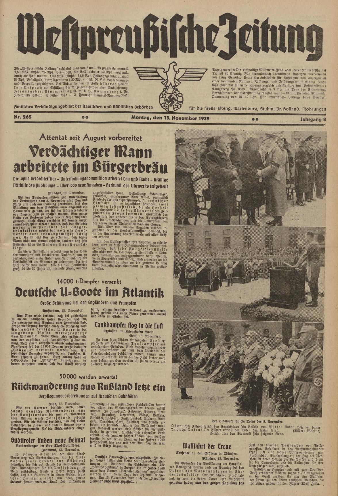 Titelblatt einer deutschen Zeitung vom 13. November 1939, betitelt 'Weitpreubliche Zeitung', das eine Gruppe von Menschen in traditioneller deutscher Kleidung in einer feierlichen Umgebung zeigt.