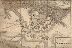 Ein detaillierter alter Stadtplan von Schweidnitz, Deutschland, der Straßen, Gebäude, Landmarken und Text über die Bevölkerung, Geschichte und Kultur der Stadt zeigt.