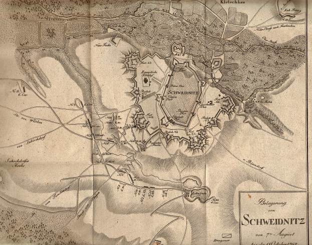 Ein detaillierter alter Stadtplan von Schweidnitz, Deutschland, der Straßen, Gebäude, Landmarken und Text über die Bevölkerung, Geschichte und Kultur der Stadt zeigt.