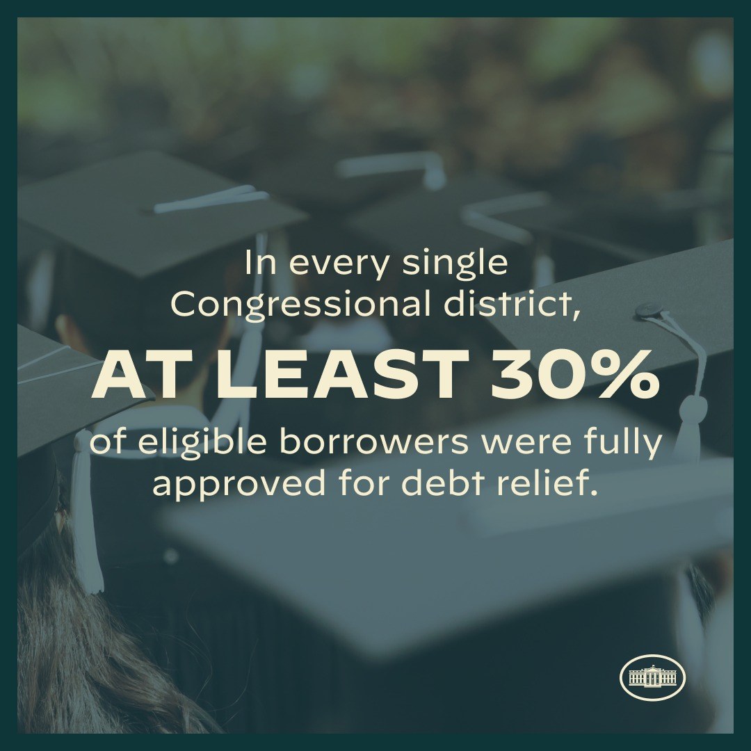 Plakat mit der Aufschrift "In jedem einzelnen Wahlkreis wurden mindestens 30% der berechtigten Schuldner vollständig für die Schuldenbefreiung genehmigt" mit einem Logo in der rechten unteren Ecke und einigen Leuten mit Hüten im Hintergrund.