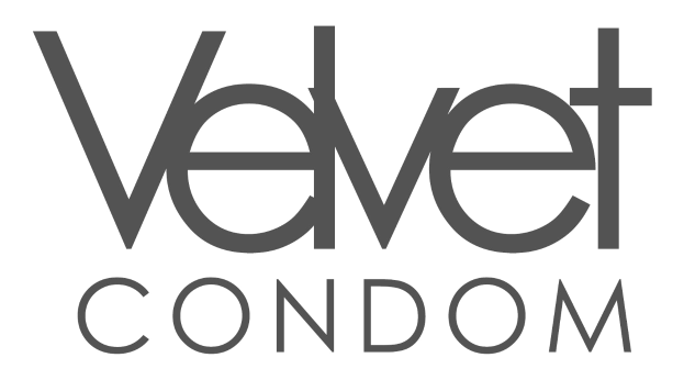 Schwarzer Text, der "velvet condom" in einer fetten, modernen Schriftart in der Mitte eines weißen Hintergrunds mit einem schmalen schwarzen Rand darstellt.