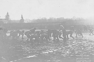 Ein Schwarz-Weiß-Foto einer Gruppe von Menschen, die auf einem Feld Fußball spielen, mit Pferden im Vordergrund und Bäumen, Gebäuden und Himmel im Hintergrund. Unten steht der Text "1918-1918 Fußball an der Staatsuniversität".