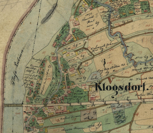 Ein detaillierter alter Stadtplan von Kloosdorf, Deutschland, der Straßen, Gebäude und Sehenswürdigkeiten mit Textanmerkungen zeigt.