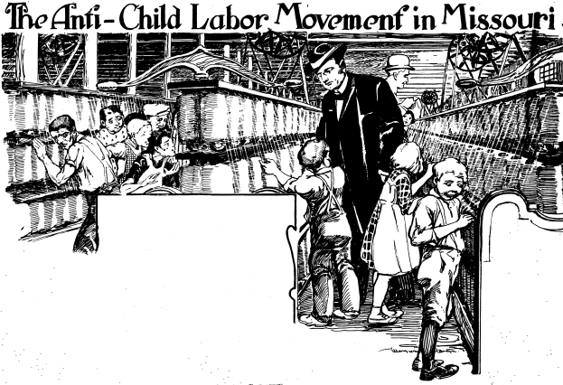 Plakat zeigt die Anti-Kinderarbeit-Bewegung in Missouri mit einer Gruppe Menschen in traditioneller Kleidung, einige stehend, einige sitzend, mit Ausdrucken von Not, Angst und Verzweiflung, mit der Aufschrift "Die Anti-Kinderarbeit-Bewegung in Missouri" oben und unten.