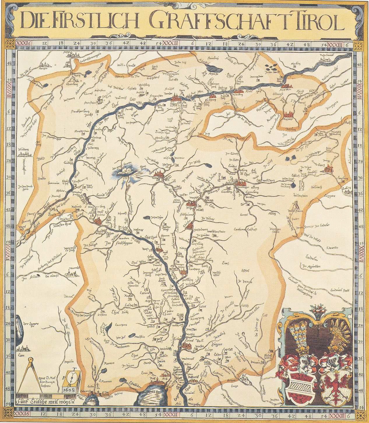 Ein detailliertes historisches Plakat der ersten Grafschaft Tirol-Karte, das geographische Merkmale wie Flüsse, Berge und Städte zeigt und von begleitendem Text über die Region und ihre Bewohner informiert.