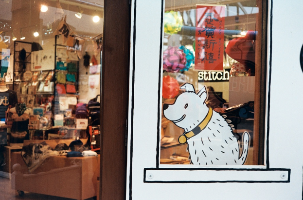 Eine Illustration eines Hundes mit Text auf der rechten Seite und einem Raum auf der linken Seite mit verschiedenen Gegenständen wie Lampen, Flaggen, Regalen, Sofas, Kleidung, Dekorationen, Menschen und Stühlen.