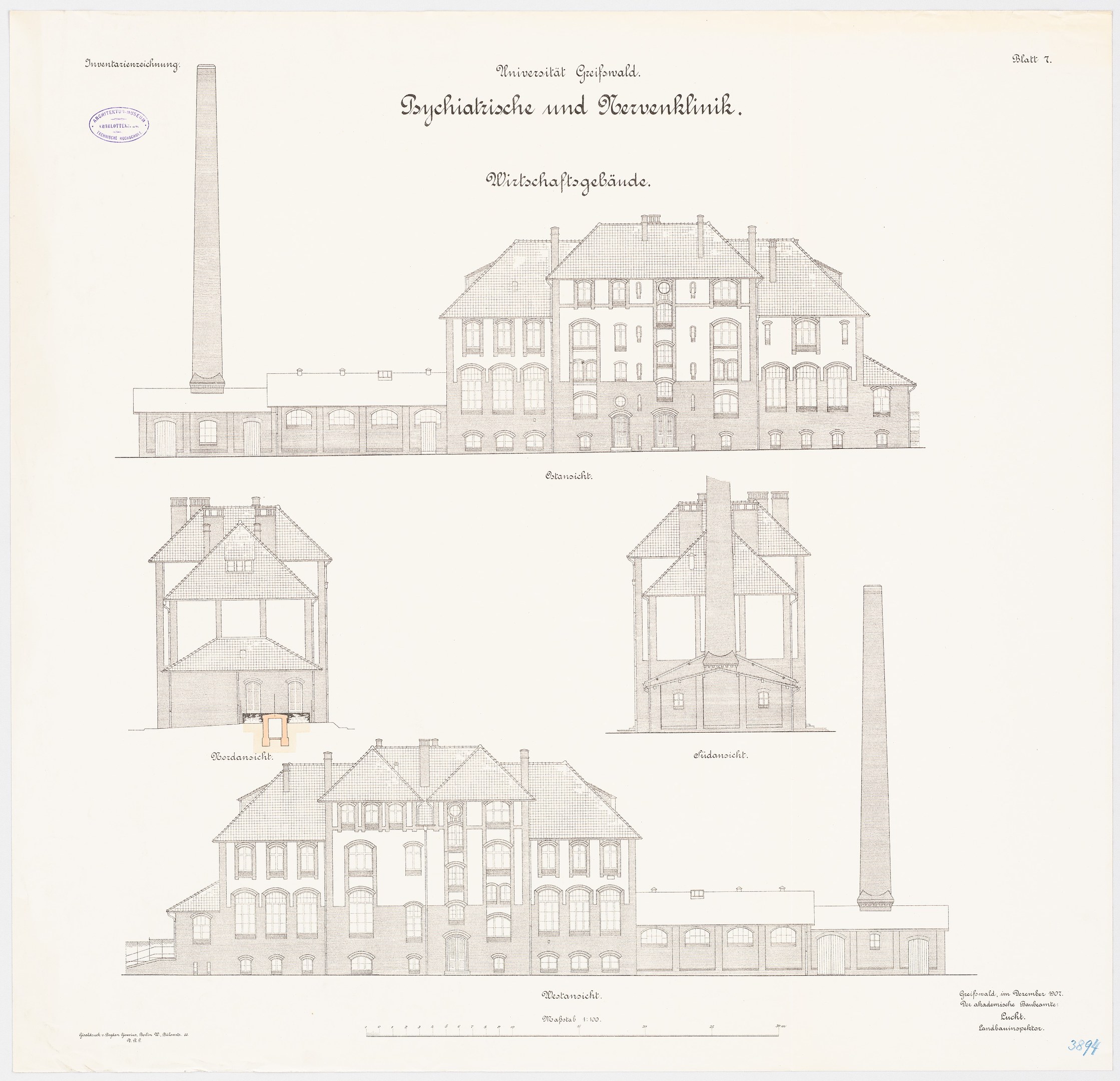 Eine Zeichnung eines mehrfenstrigen Gebäudes mit einem Schornstein, das mutmaßlich ein Psychiatriehospital in Deutschland ist, begleitet von Text, der weitere Informationen liefert.