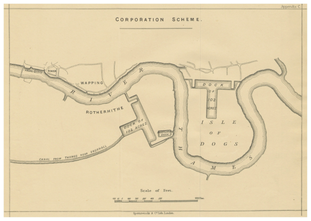 Ein detailliertes altes Stadtplan von London, das das Corporation-Schema hervorhebt, zeigt Straßen, Gebäude und Sehenswürdigkeiten mit erklärendem Text.