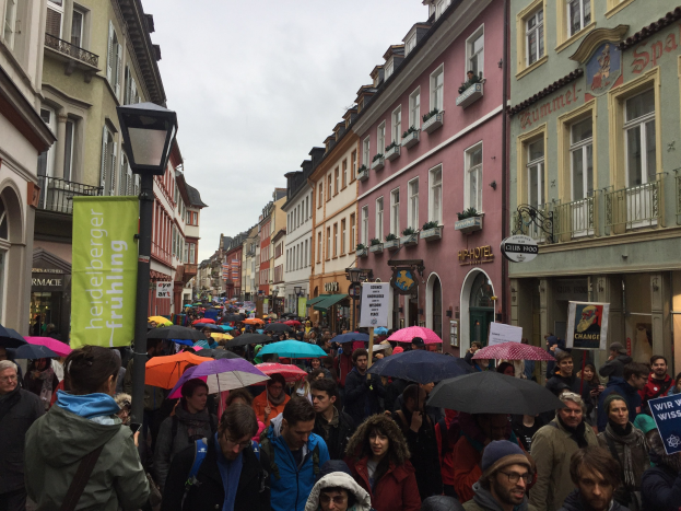 Große Gruppe von Menschen geht eine Straße entlang und hält Schirme und Schilder hoch während eines Klimastreiks in Deutschland, mit Gebäuden und einem Laternenpfahl im Hintergrund.