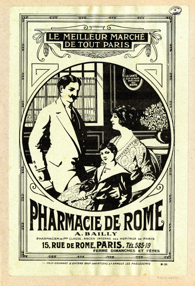 Schwarz-weiß-Anzeige für eine Apotheke in Rom mit einem Mann und einer Frau nebeneinander, mit Text, der die Apotheke und ihre Dienstleistungen beschreibt.