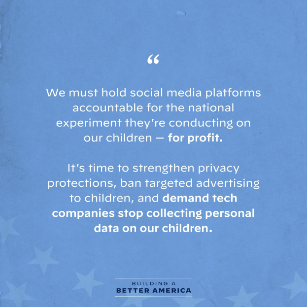 Plakat mit einem Zitat aus Building a Better America, das fordert, dass soziale Medien-Plattformen für Experimente an Kindern zur Gewinnmaximierung zur Rechenschaft gezogen werden sollten, verziert mit Sternen.