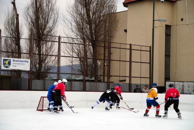 Menschen beim Eisschlittschuhlaufen auf einer Eisfläche mit Gebäuden, Bäumen, einer Straßenlaterne, einem Namensschild und Zäunen im Hintergrund unter dem Himmel.