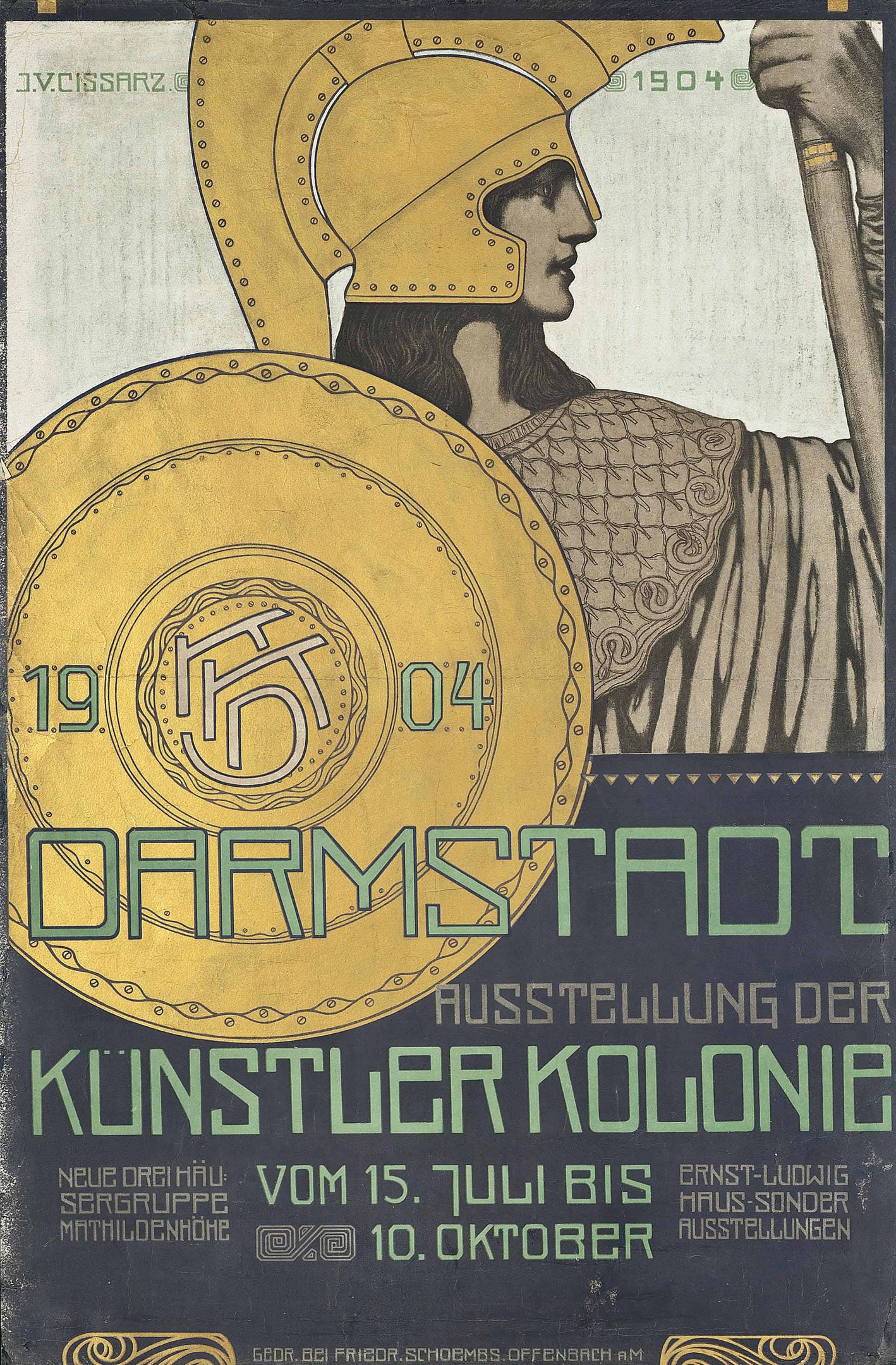 Plakat für ein 1904er Berlin-Konzert mit einem Helmträger, der ein Schild hält, mit «Darmstadt» und «Künstler Kolonie» in fetter Schrift.