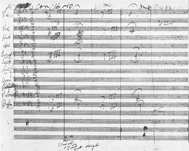 Schwarzes und weißes Notenblatt mit dichter musikalischer Notation und Text, das ein Konzertpartitur anzeigt.