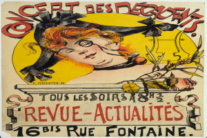 Ein Plakat, das ein Konzert der Decadents ankündigt und eine Frau mit menschlichem Gesicht zeigt.