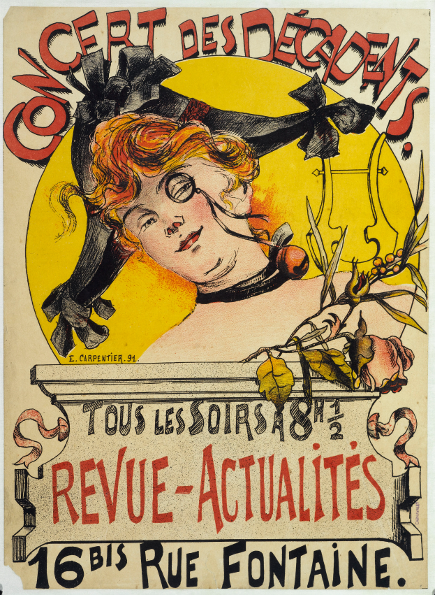 Ein Plakat, das ein Konzert der Decadents ankündigt und eine Frau mit menschlichem Gesicht zeigt.